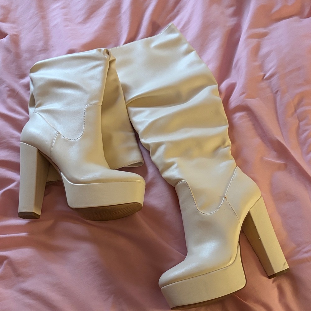 Jennifer Lopez Cream Knee Boots
